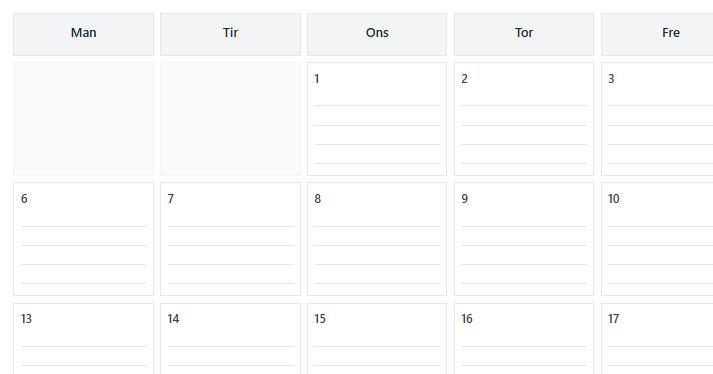 Forhåndsvisning av månedsoversikt kalender med ukedager og datoer
